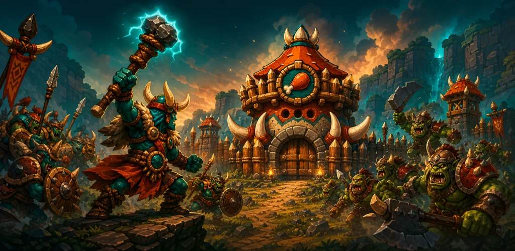 Tribal warriors battling outside the GrubSpire stronghold